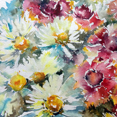 Abstract bright colored decorative background . Floral pattern handmade . Beautiful tender romantic summer bouquet of flowers , made in the technique of watercolors from nature.