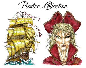 Obraz premium Portrait of handsome pirate captain and old ship