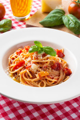 Spaghetti with tomato sauce, cheeese and fresh basil