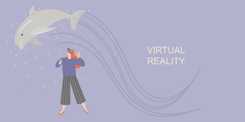 Banner with a girl in virtual reality glasses smiling and stretching hands to the virtual dolphin. Play and learn with the modern technology © naidzionysheva