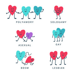 Set of icons with heart characters, LGBT and alternative types of relationships