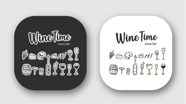 Wine time icons set. Glass, bottle, cheese, snacks, grape, barrel. Vector illustration.