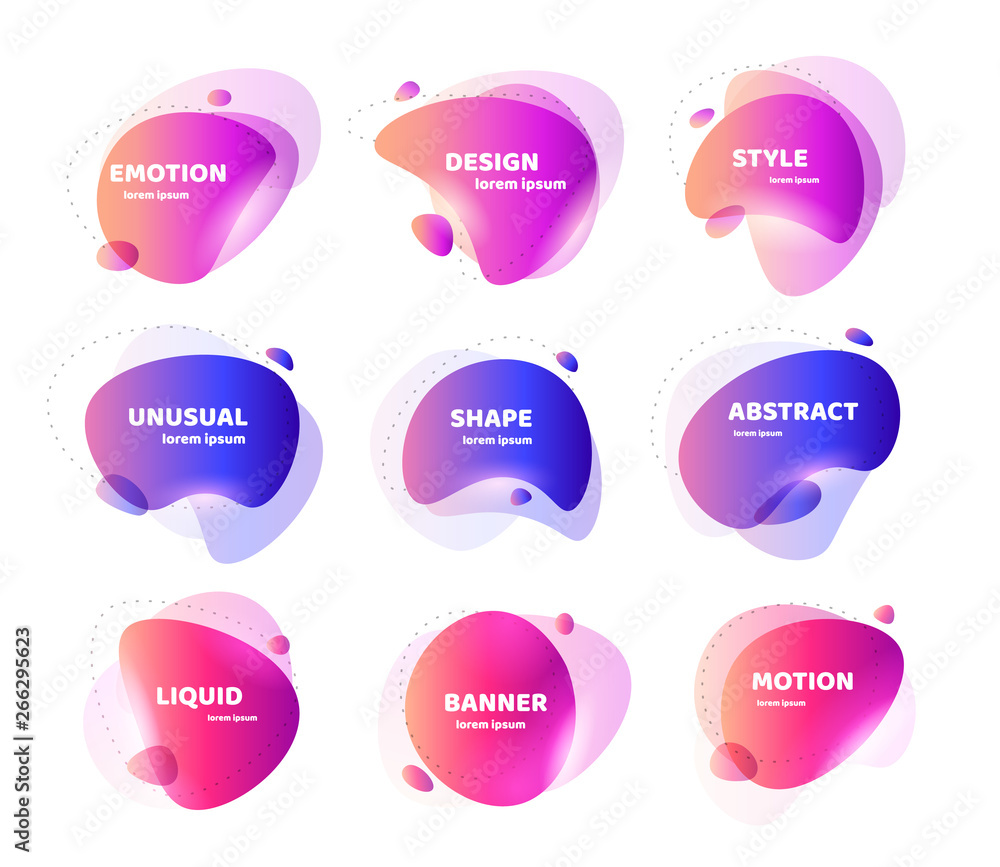 Poster Set of Modern abstract vector banner. Flat geometric colorful liquid shape. Colored design template of a logo, flyer, banner, presentation. Concept design for business. Isolated vector illustration.
