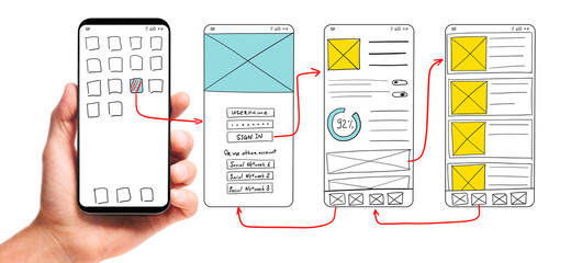 UI development. Male hand holding smartphone with wireframed user interface screen prototypes of a mobile application on white background. - obrazy, fototapety, plakaty