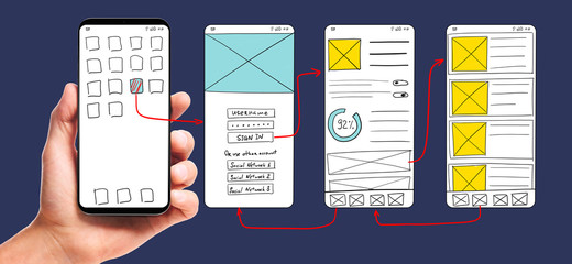 UI development. Male hand holding smartphone with wireframed user interface screen prototypes of a mobile application on white background.