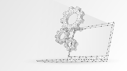 Gears on white laptop screen. Industry, business solution, technology, settings concept. Abstract, digital, wireframe, low poly mesh, vector white origami 3d illustration. Triangle, line, dot, star