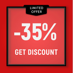 Sale 35 percent off, get discount website button. Shop window, behind glass design. vector illustration