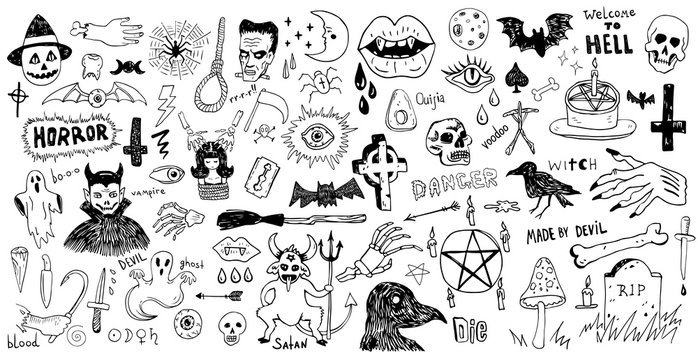 Horror set of Halloween doodle sticker sketch set
