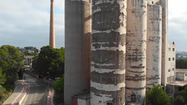 Aerial view of an old and ruined cement factory