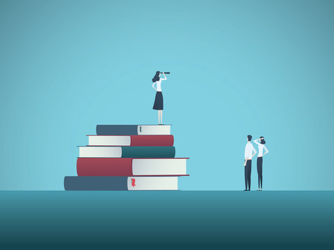 Education and professional career future vector concept with student on top of books with telescope. Symbol of knowledge, business, learning, studying and research.