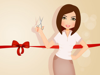 illustration of girl cuts the red ribbon for the inauguration