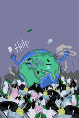 A poster with the planet Earth among the trash. Inscription help. Vector image.