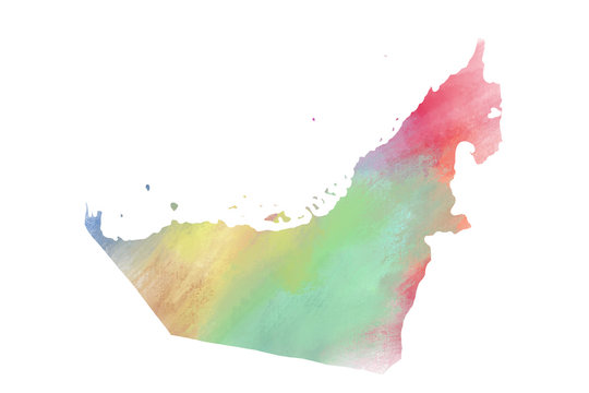 Colorful watercolor United Arab Emirate map on canvas background. Digital painting.
