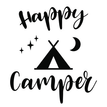 Happy Camper vector download.  Mobile recreation. Happy Camper trailer in sketch silhouette style.