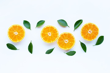 High vitamin C, Orange fruits with leaves on white background.