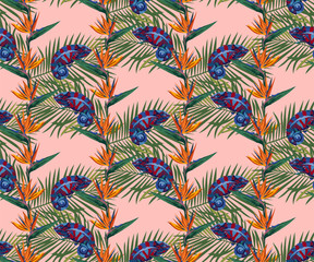 Fototapeta na wymiar Tropical wildlife seamless pattern. Madagascar animals, flowers ornament. Vector pattern.