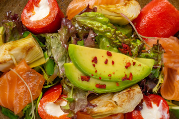 salmon salad with avocado, Philadelphia at the restaurant