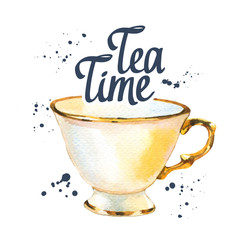 Watercolor cup. Tea party illustration on white background. Decorative elements with traditional hot drinks for your design. Multicolor decor.