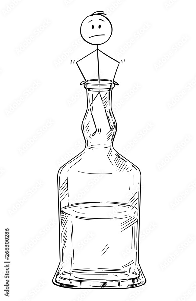 Wall mural Vector cartoon stick figure drawing conceptual illustration of man climbing out of the hard liquor or spirits bottle neck. Metaphor of alcoholism.