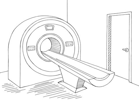 Computed tomography scan device hospital room interior graphic black white sketch illustration vector
