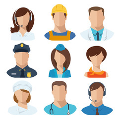 Set of nine different professions male and female avatars. 