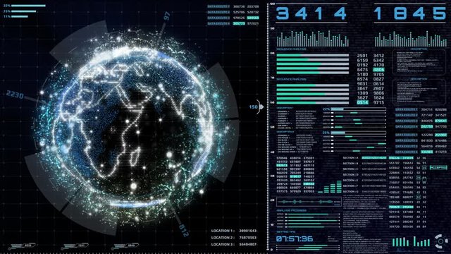 HUD Futuristic UI Interface Scanning Holographic Spinning Earth Panel For Cyber Space Technology. Digital FUI Scifi Display Information With Binary Decimal Random Number Security Checking Protection.