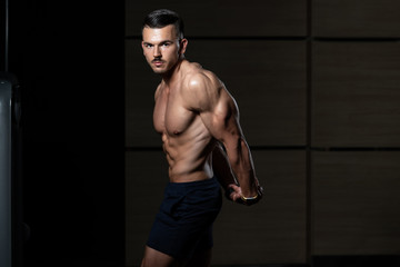Fototapeta na wymiar Handsome Bodybuilder Making Side Triceps Pose