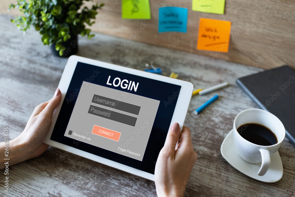 Poster access window. enter login and password. cyber protection. information privacy. internet and technol