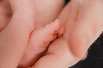 Pregnancy, maternity, preparation and expectation motherhood, giving birth concept. Newborn baby feet in hands of parents