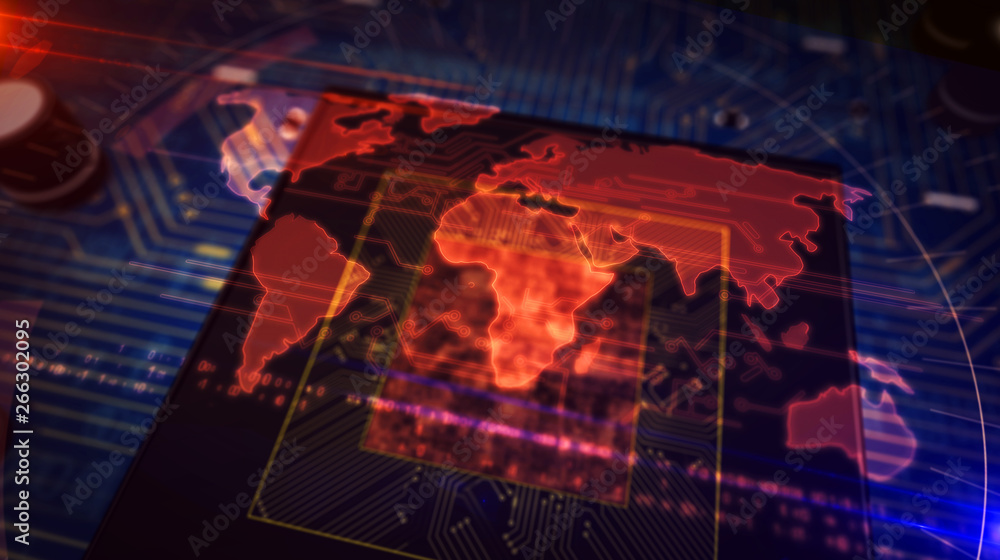 Wall mural cpu on board with world map hologram display