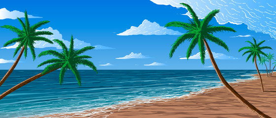 Palm trees on blue ocean shore 