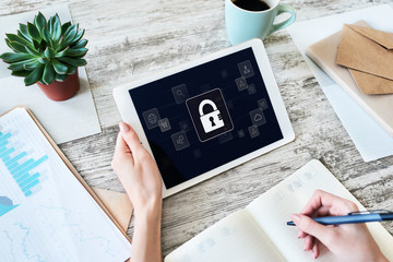 Cyber security, data protection, information privacy concept on device screen.