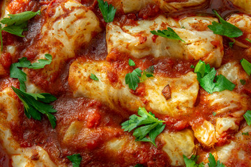 Cabbage rolls stuffed with rice and tomato sauce