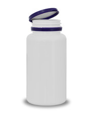 plastic small bottle for tablets and pills with an open cover on a white background with a shadow