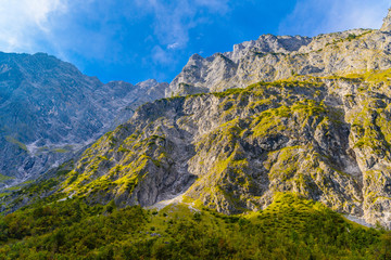 Fototapeta na wymiar Valley in Alps mountains near Koenigssee, Konigsee, Berchtesgaden National Park, Bavaria, Germany.