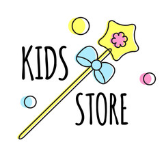 Kids store logo template. Magic wand. Sign, label for children design