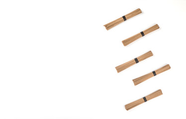 Noodles soba isolated on white background.Traditional Japanese food. Copy space for Text.Minimalist concept.Top View. Flat Lay.