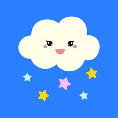 Cute Happy Cloud with Stars, Print or Icon Vector Illustration