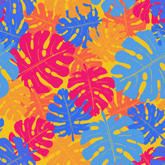 Fototapeta premium Vector seamless neon pattern of palm leaves and tropical plants. Exotic background for seasonal design.