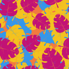 Naklejka na ściany i meble Vector seamless neon pattern of palm leaves and tropical plants. Exotic background for seasonal design.