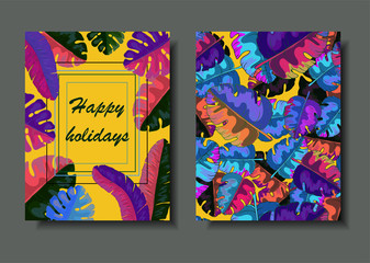 Vector dual postcard template with neon palm leaves and tropical plants on yellow background. Floral frame for invitation, greeting, wedding or party.