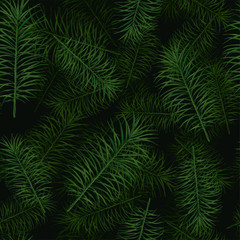 Vector seamless pattern of green palm leaves and tropical plants on a black background. Exotic background for seasonal design.