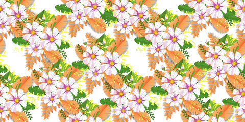 Beautiful pattern flower Daisy summer with tropical leaves. Vector tropic pattern.