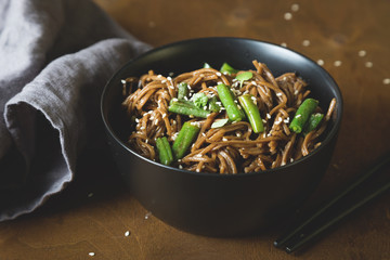 Soba noodles with fried green beans and sesame