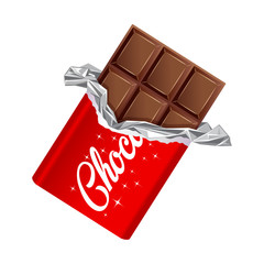 Chocolate bar in opened red wrapped and foil