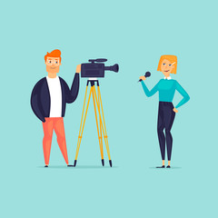 Correspondent and operator. Video filming, reporting. Flat design vector illustration. 