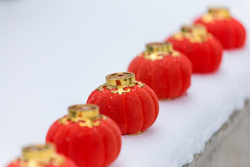 Red lanterns in the snow