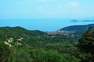Fototapeta na wymiar Italy-view from Marciana on town Marciana Marina on the island of Elba