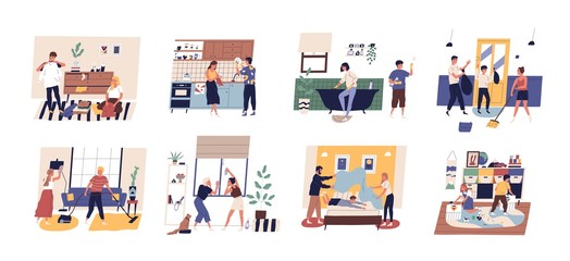Collection of cute funny people doing housework. Set of men, women and children washing dishes, cleaning windows, vacuuming carpet, folding clothes, making bed. Flat cartoon vector illustration.