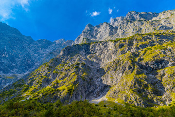 Valley in Alps mountains near Koenigssee, Konigsee, Berchtesgaden National Park, Bavaria, Germany.